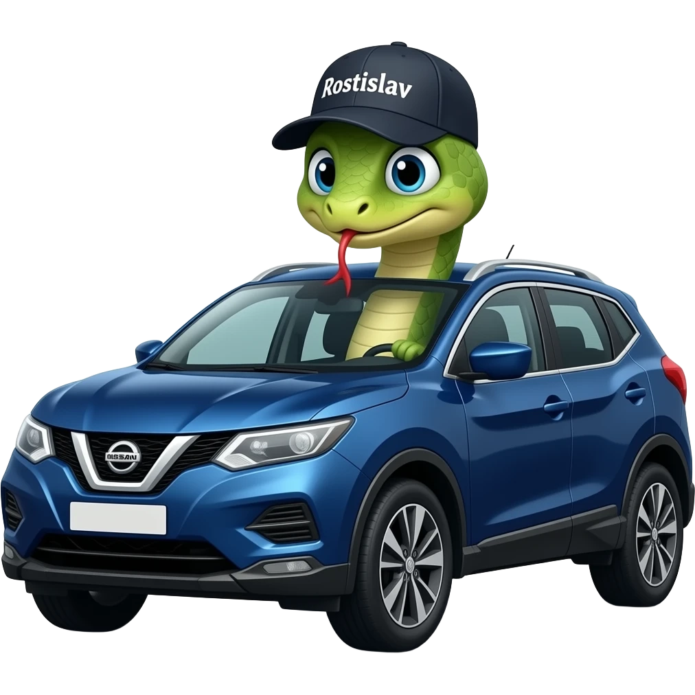 A snake in a cap with the inscription "Rostislav" is driving a dark blue Nissan Qashqai. emoji