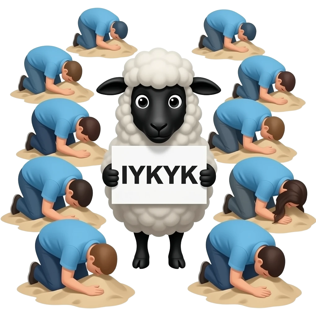 Black sheep with a sign saying “IYKYK. The black sheep is surrounded a flock of black sheep. and in the background is people Burying their heads in the sand in blue tops. emoji