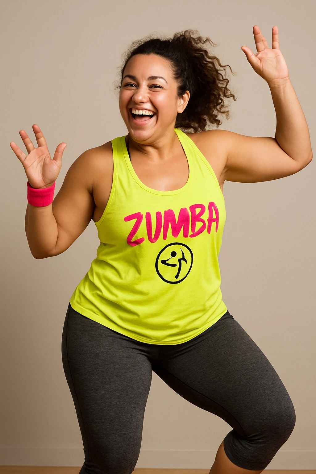 woman in zumba class, joyful expression, dance movement, neutral background emoji
