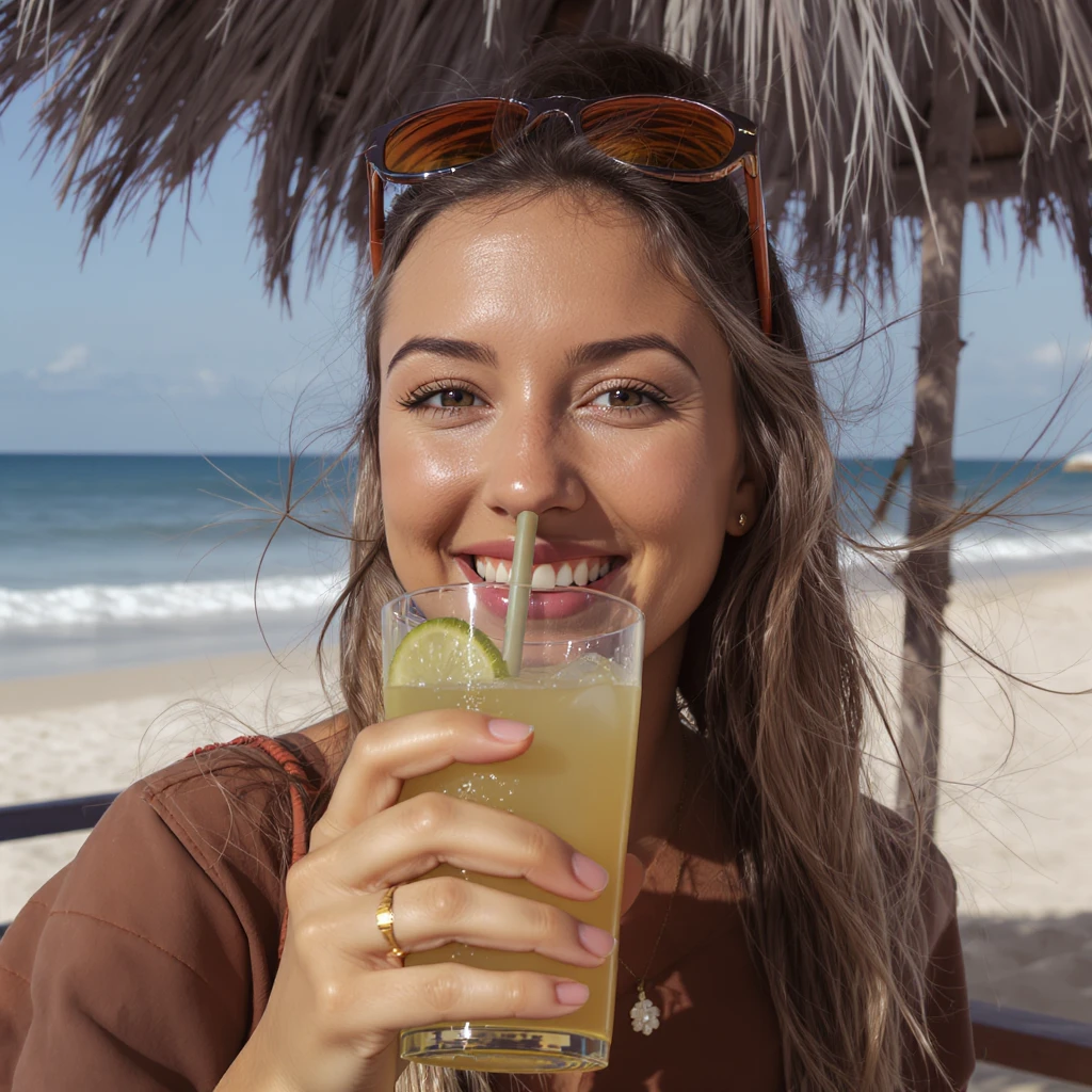 take this picture of a woman and make it  beach photo with drink emoji