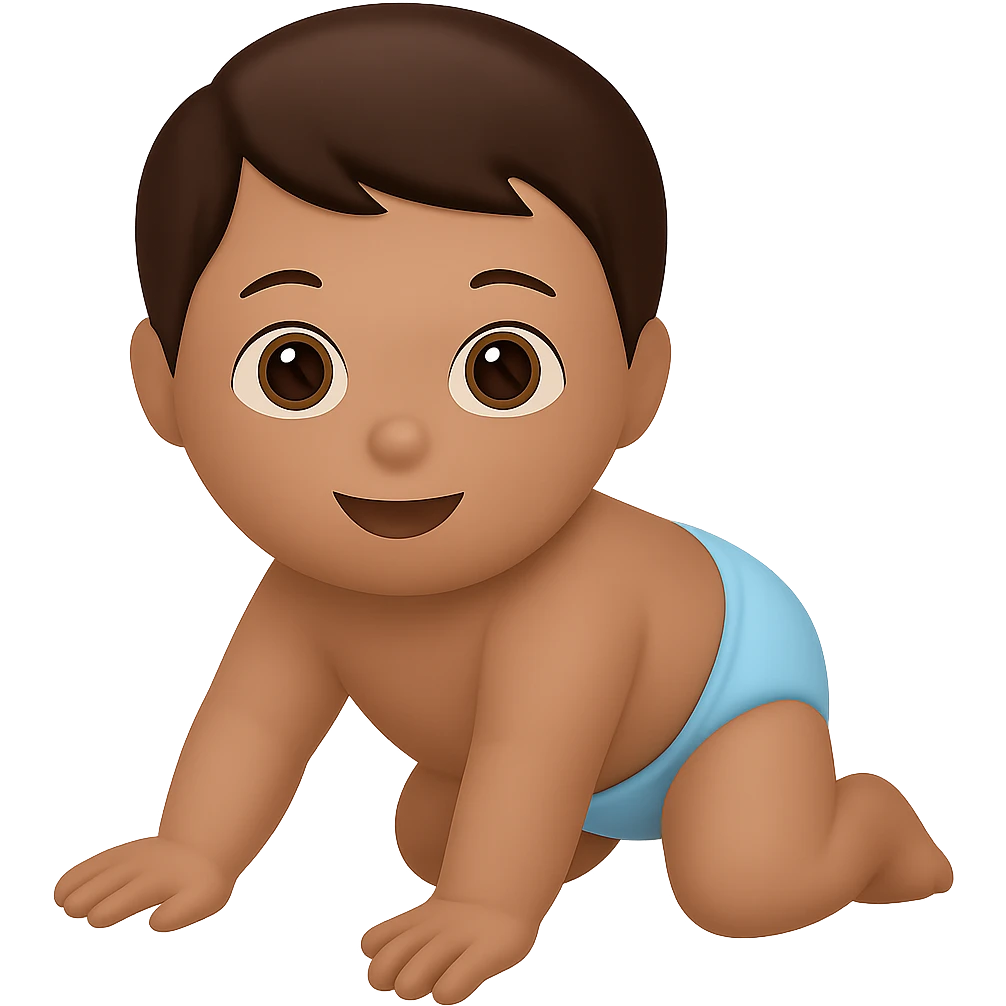Edit the emoji style crawling baby to have brown hair with no background. Keep the emoji style consistent and the background transparent. emoji