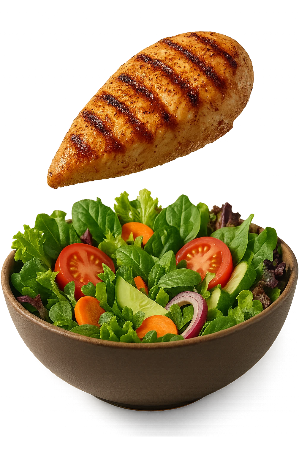 INSALATA CON PETTO DI POLLO GRIGLIATO CHE CADE DALL'ALTO, IPERREALISTICO 4K emoji