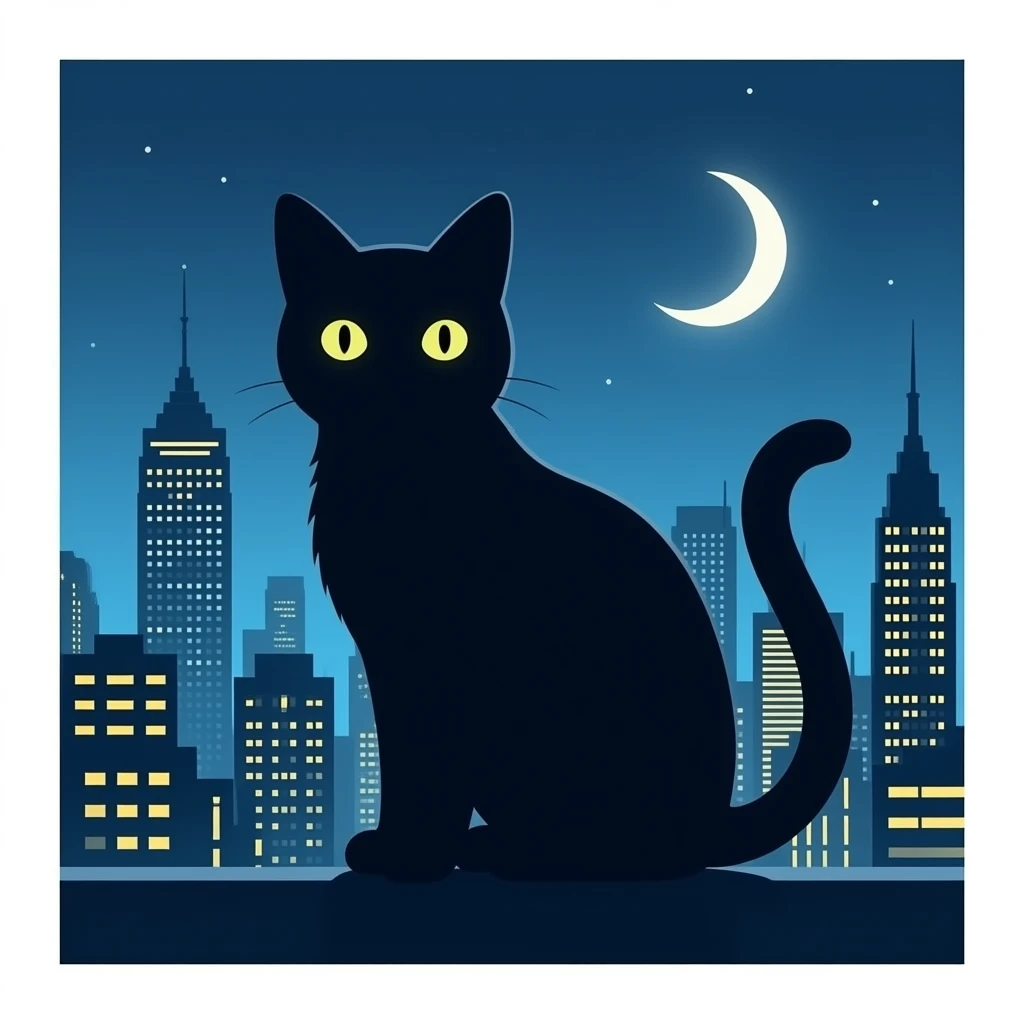 Dark cat silhouette in the night with glowing Eyes in the cityscape scenery emoji