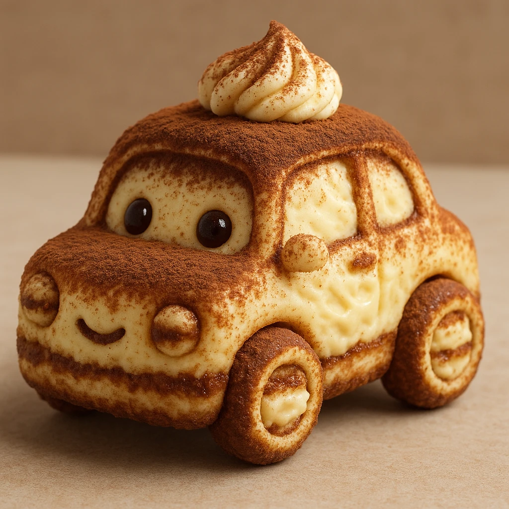 adorable car made entirely of tiramisu, with a dusting of cocoa and creamy texture, dessert-inspired, playful and cute emoji