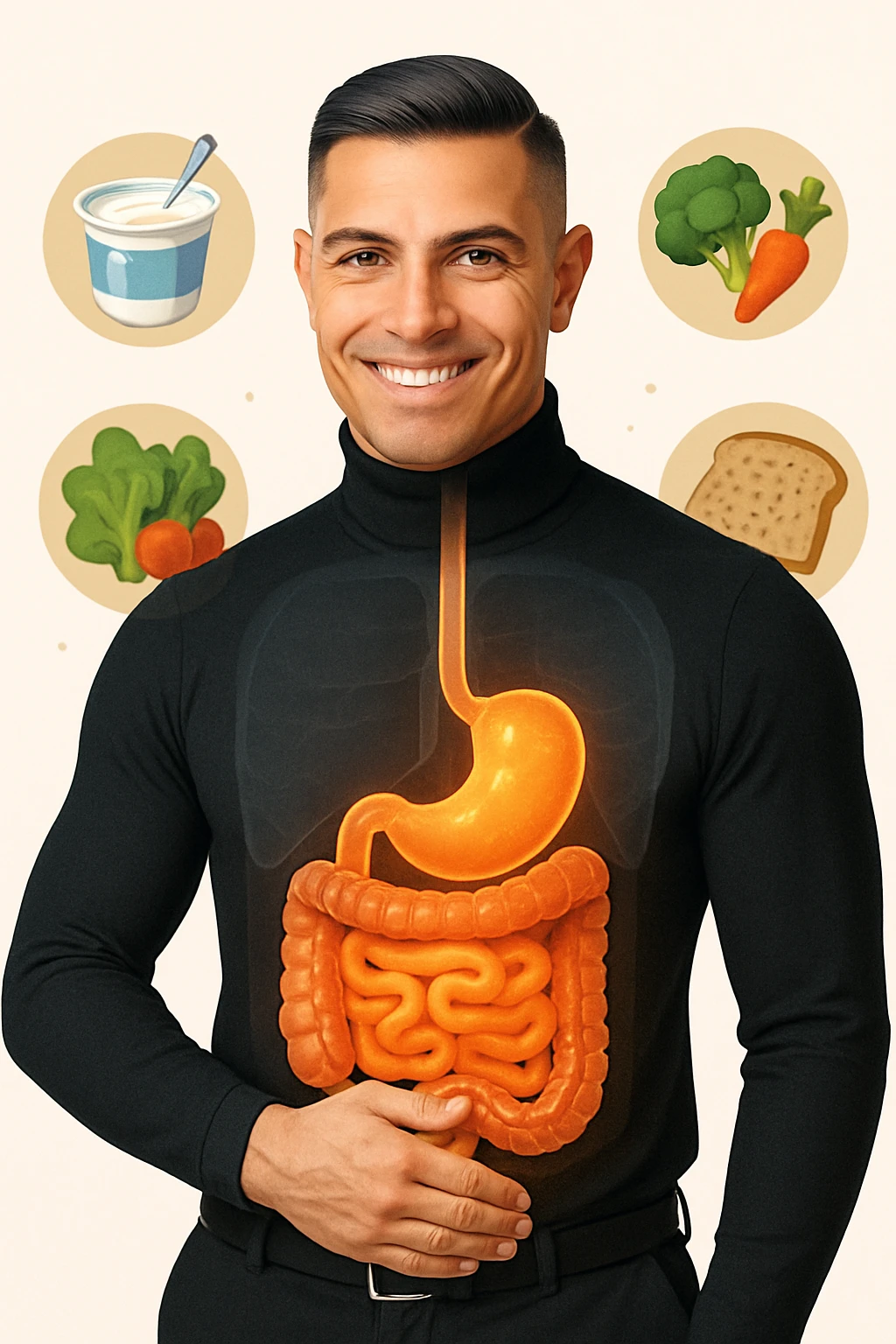 a fit, smiling man stands confidently with one hand on his abdomen. A transparent overlay reveals a healthy, detailed digestive tract with a glowing, vibrant intestine. Around him, icons of healthy foods like yogurt, vegetables, and whole grains float, symbolizing good gut health. The background is clean and bright, with an educational mood. emoji