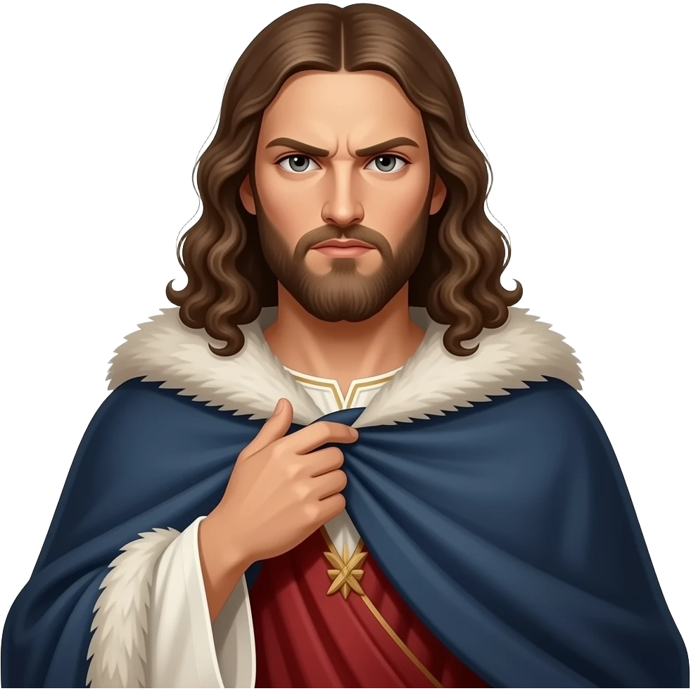 cinematic - en face, piercing angry, Albrecht Dürer Renaissance self-portrait with long curly hair in a cloak with a fur collar, in Renaissance dress, holding the fur collar with his left hand - contemporary representations of Christ emoji