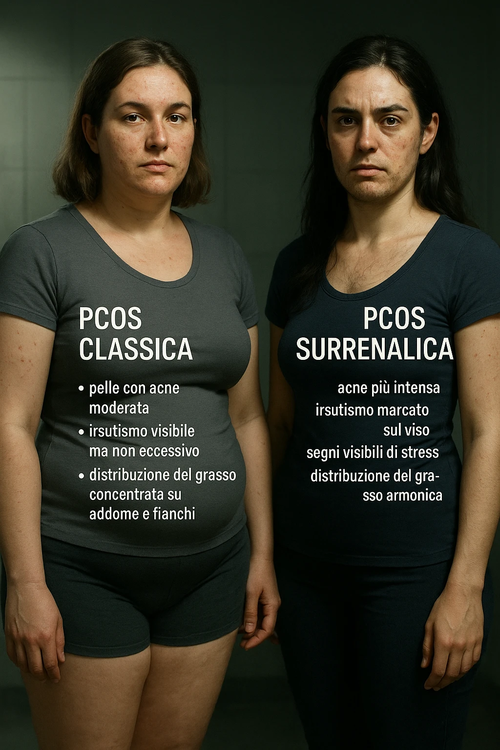 Illustrazione verticale realistica e cinematografica in italiano: a sinistra una donna con PCOS classica, a destra una donna con PCOS surrenalica. Differenze visive nei sintomi come acne, irsutismo, distribuzione del grasso, segni di stress. Atmosfera clinica con luci drammatiche. Didascalie in italiano. Aspect ratio 2:3. emoji