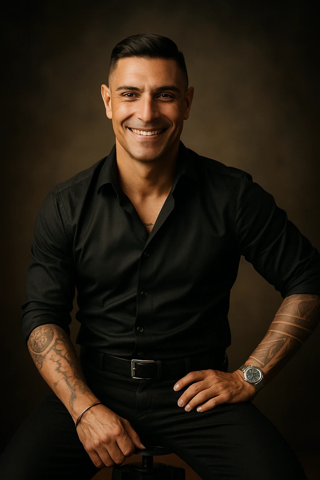 Realistic and cinematic style portrait of a man conveying physical and mental well-being: open posture, authentic smile, relaxed and bright gaze, details suggesting positive energy and inner harmony. Aspect ratio 2:3. emoji