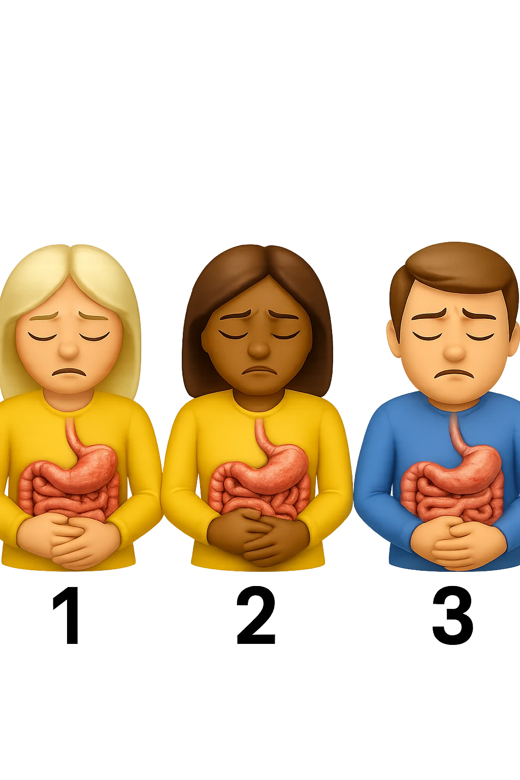 emoji stile iphone di 3 persone, due donne e un uomo, con intestino realistico e mal di pancia, sulle donne ci sono i numeri 1, 2 e sull'uomo il 3, iperrealistico 4k emoji