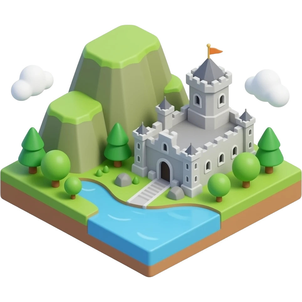 3D isometric miniature emoji of Ireland landmarks, including Giant's Causeway, Dublin castle, and green countryside, cute chibi style, rounded shapes, glossy vibrant colors, soft lighting, tiny diorama, minimal background emoji