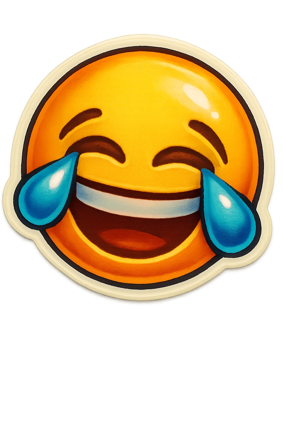 A laughing emoji with tears sticker in retro stickers style, with a vintage design and a retro vibe emoji