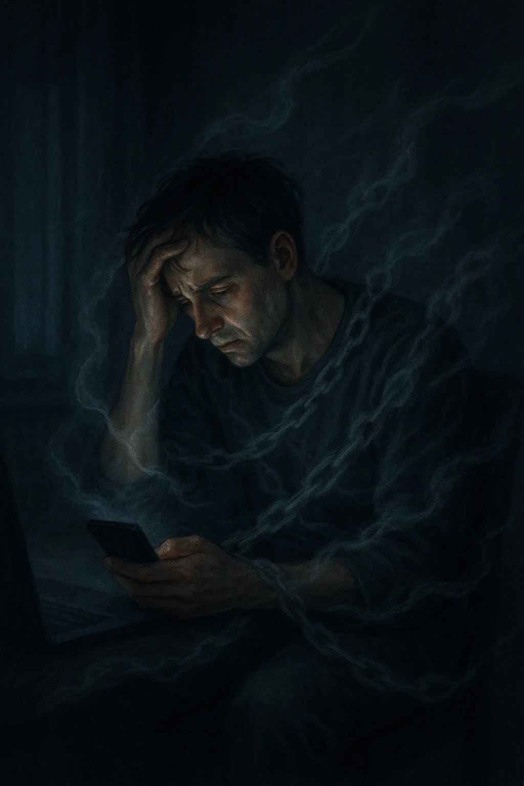 a man sits alone in a dimly lit room at night, illuminated only by the glow of a computer or phone screen. His posture is slouched, and his expression is tired and troubled. Around him, faint, ghostly chains or shadows subtly wrap around his body, symbolizing addiction and emotional distress. The background is blurred, emphasizing isolation and discomfort. in italiano emoji