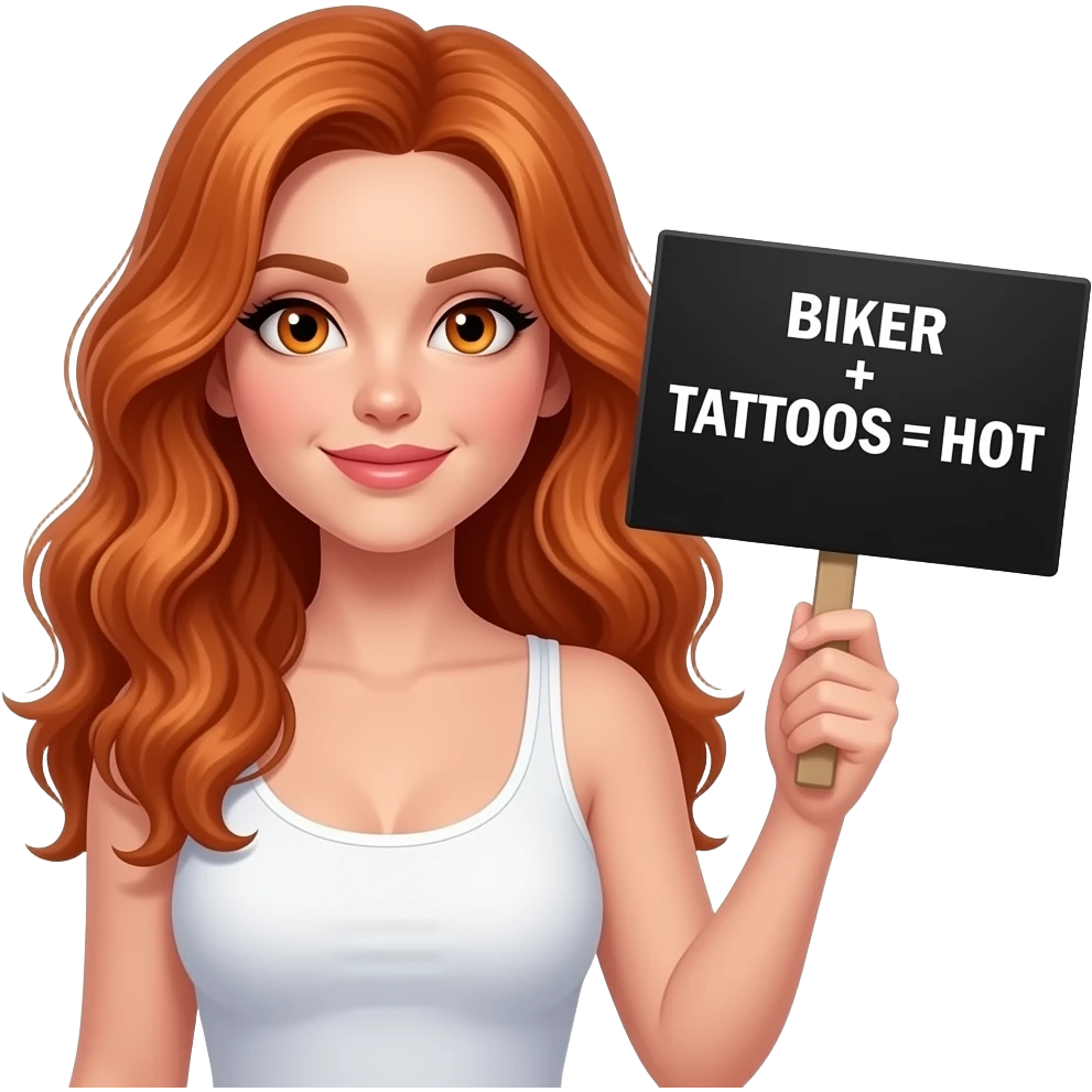 sexy girl with long wavy ginger hair and ginger eyes wearing a white tanktop is holding a black colored sign with BIKER + TATTOOS = HOT written on it emoji
