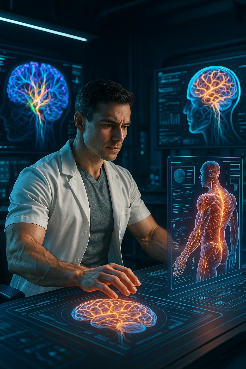 "Neuroscientist using advanced visualization to reprogram muscle development pathways, brain scans showing neural networks firing to stimulate muscle growth, expression of scientific breakthrough, his body responding to optimized mental training protocols, muscle memory being created without physical movement, consciousness hacking biological systems for muscle development" emoji