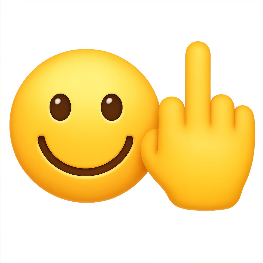 Make the smiley face and middle finger hand look more like a mobile phone emoji, with rounded shapes, glossy finish, and a style similar to standard phone emoji icons, keeping the transparent background. emoji