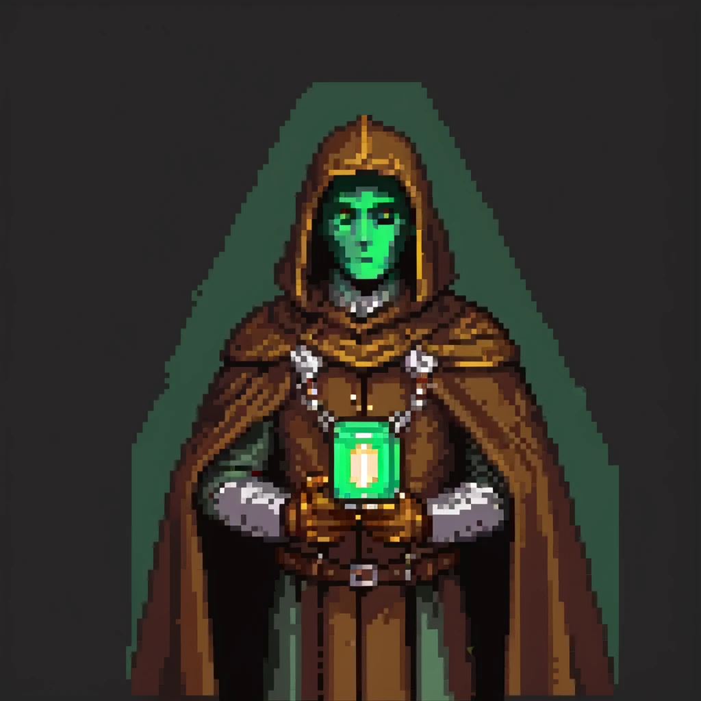 S'pht compiler from Marathon M1 (1994) in brown cloak, green light, metal mantle pauldron, vintage polaroid screenshot, retro game-inspired feel, soft aged photo look emoji