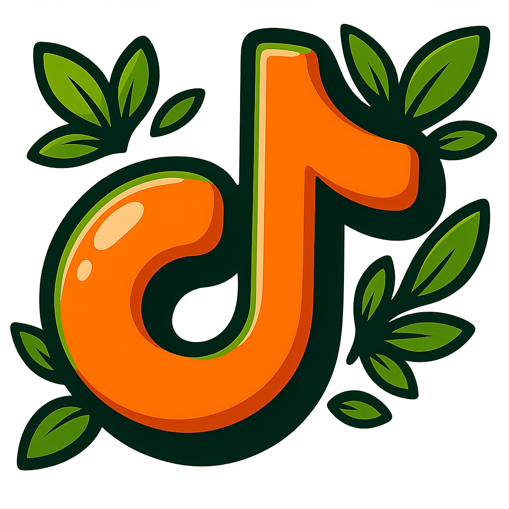 Super plump, smooth TikTok logo, cartoon style, thick black outline, expressive shadows, glossy highlights, surrounded by bright leaves, no background. Emphasize rounded shapes, contours, and shine, matching the reference style. emoji