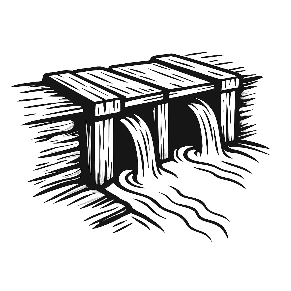 old wood dam with canal water, black doodle style emoji