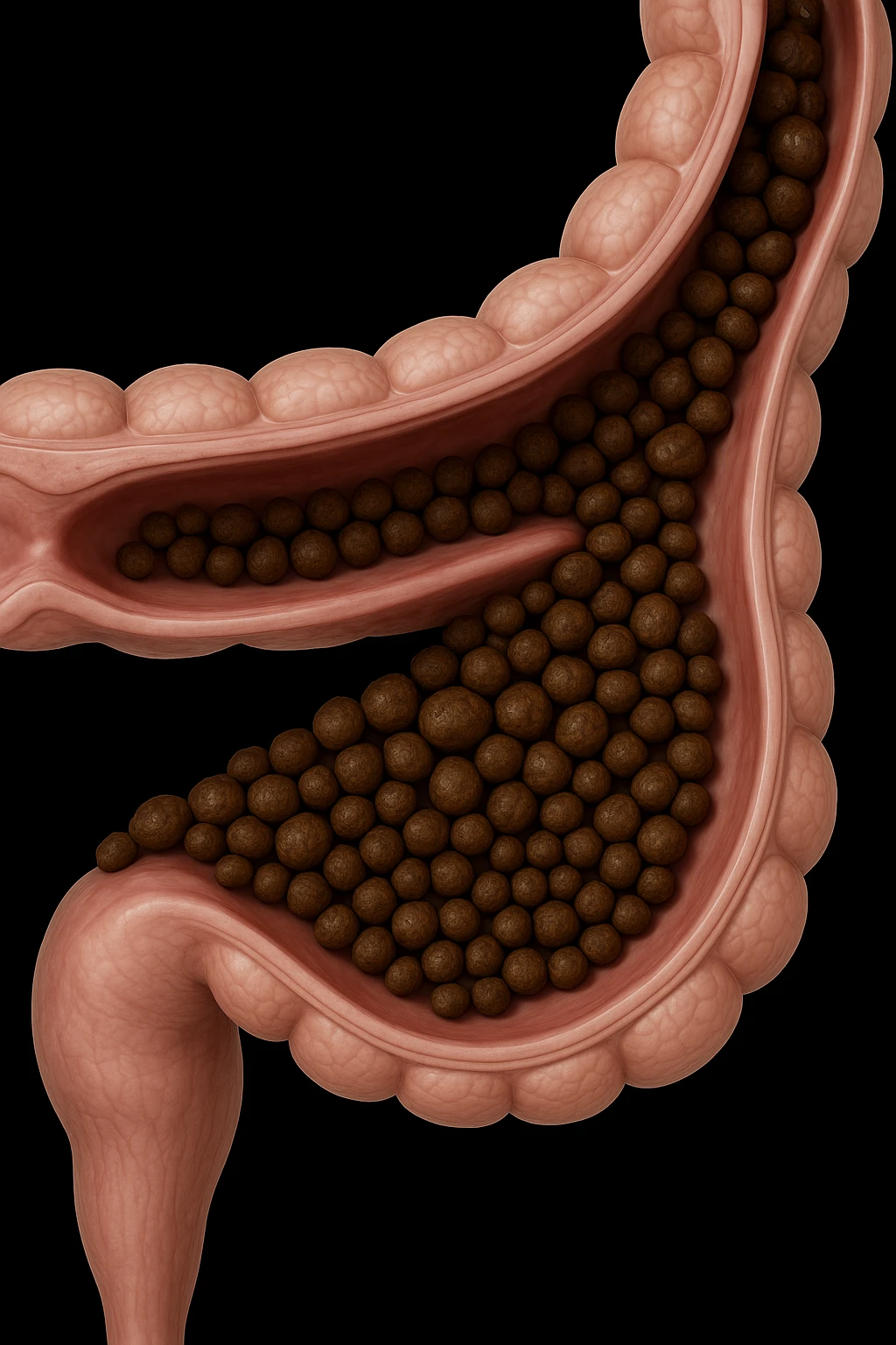 colon umano anatomico con feci a pallini all'interno, stipsi, iperrealistico 4k emoji