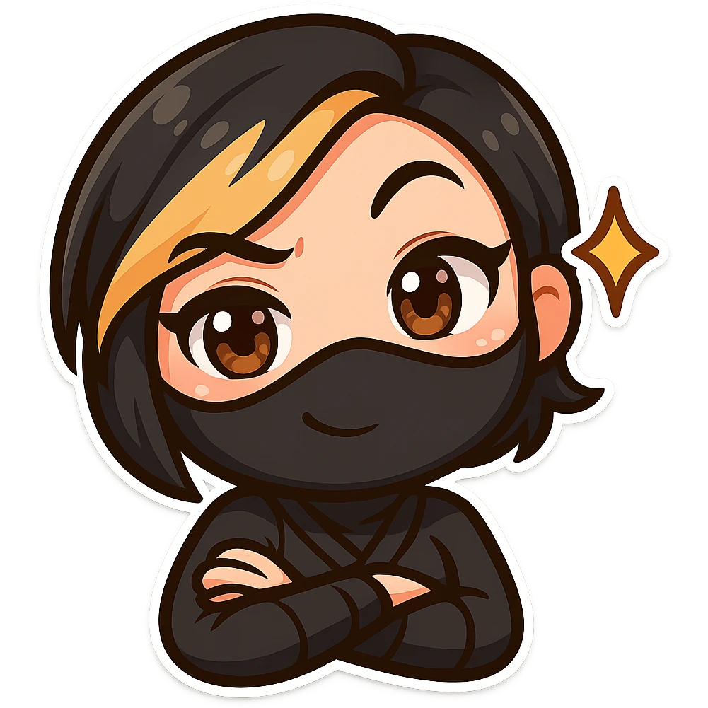 Make the design even more kawaii chibi: super cute, big sparkling eyes, rounder face, smaller mouth, extra soft colors, sexy chibi ninja girl with black short hair and a blonde streak, only head and arms, colorful chibi style, bold outlines, transparent background, no mask, extra smug grin with both eyebrows raised and a little sparkle by her face, sized for Twitch emoji use. emoji