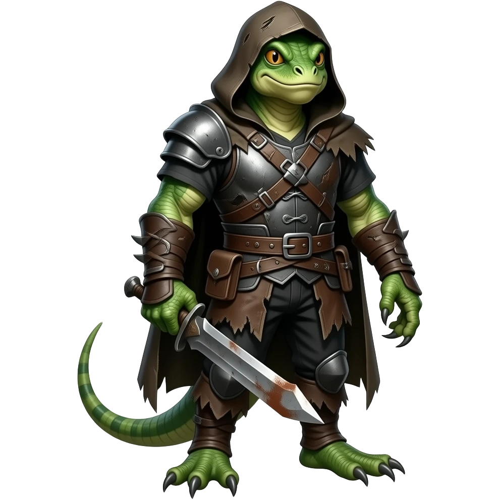 A lizard-man dressed in medieval outlaw outfit. Full body emoji