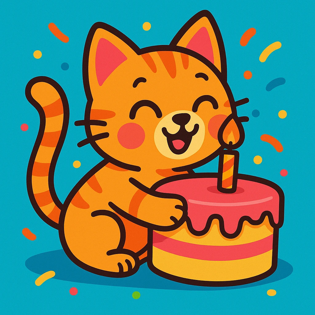colorful cartoon style animated kitten hugging a birthday cake emoji