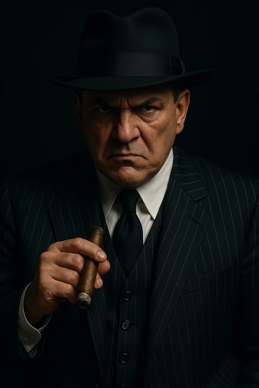 mafia boss, classic pinstripe suit, fedora, cigar, intimidating expression, dark background emoji