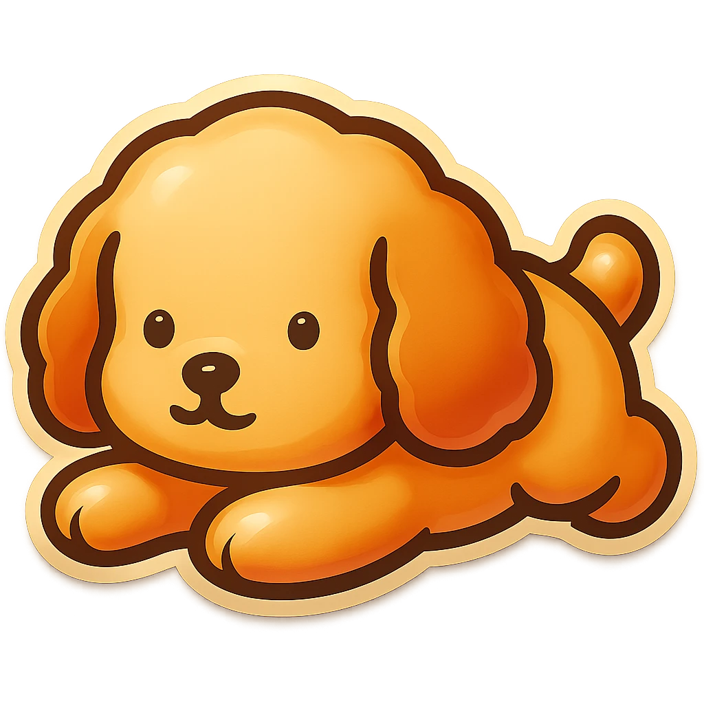 Remove the white outline from the sticker of the cute dog character lying on its belly, keep the white background and maintain the original retro stickers style. emoji