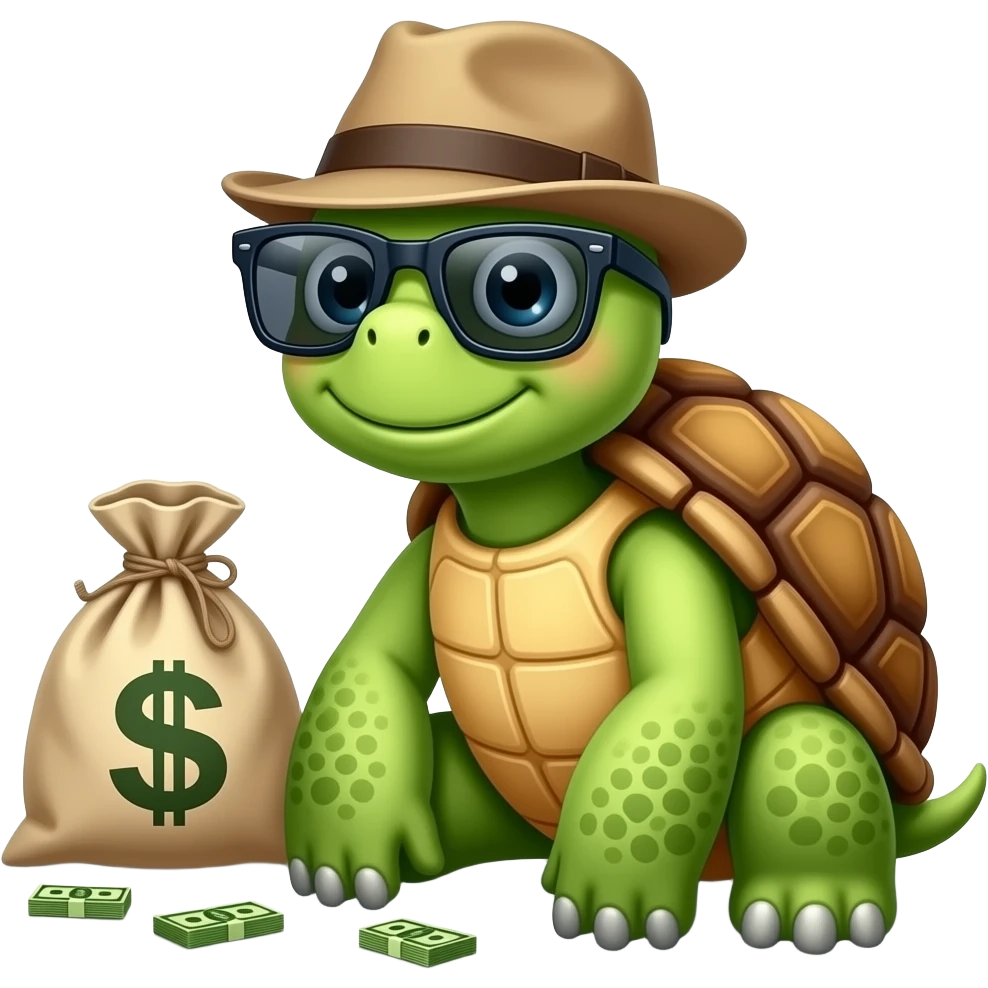 A turtle with sunglasses and hat sitting on ground next to a bag of money emoji