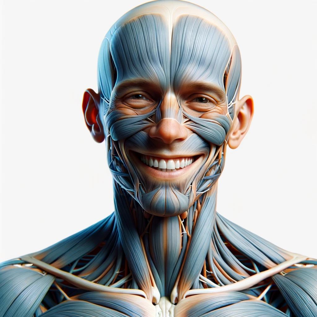 corpo umano anatomico a figura intera che sorride rilassato, iperrealistico 4k, isolato su sfondo bianco emoji
