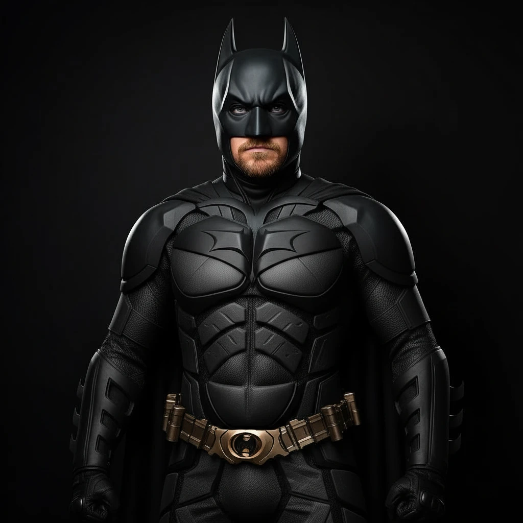 Turn this picture of me into a muscular, buff version of myself wearing the high-tech, black Christian Bale Batman suit from The Dark Knight. Maintain my own facial features but make my physique athletic and superhero-like, standing in a confident pose. emoji
