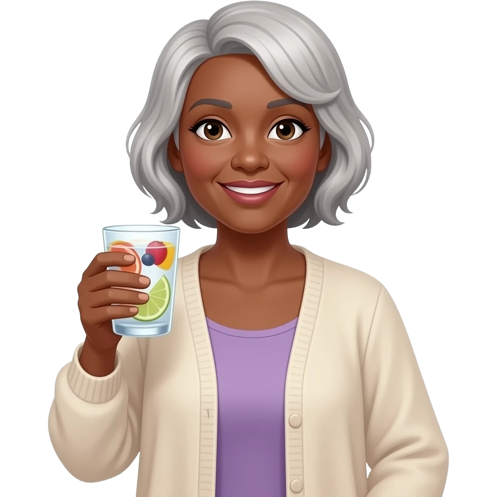 BLACK BALD WOMAN N HER 50S IN FLOWY CARDIGAN HOLDING A CUP OF FRUIT INFUSED WATER emoji