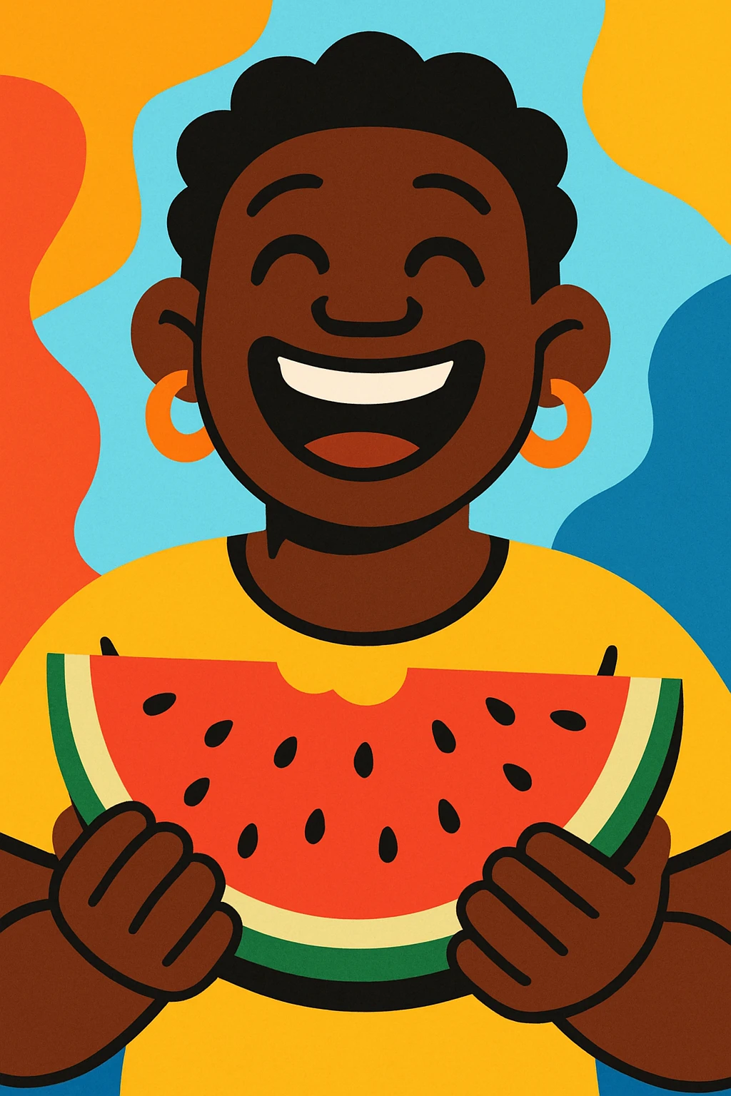 a Black person holding watermelon, laughing, warm and welcoming, colorful and playful emoji