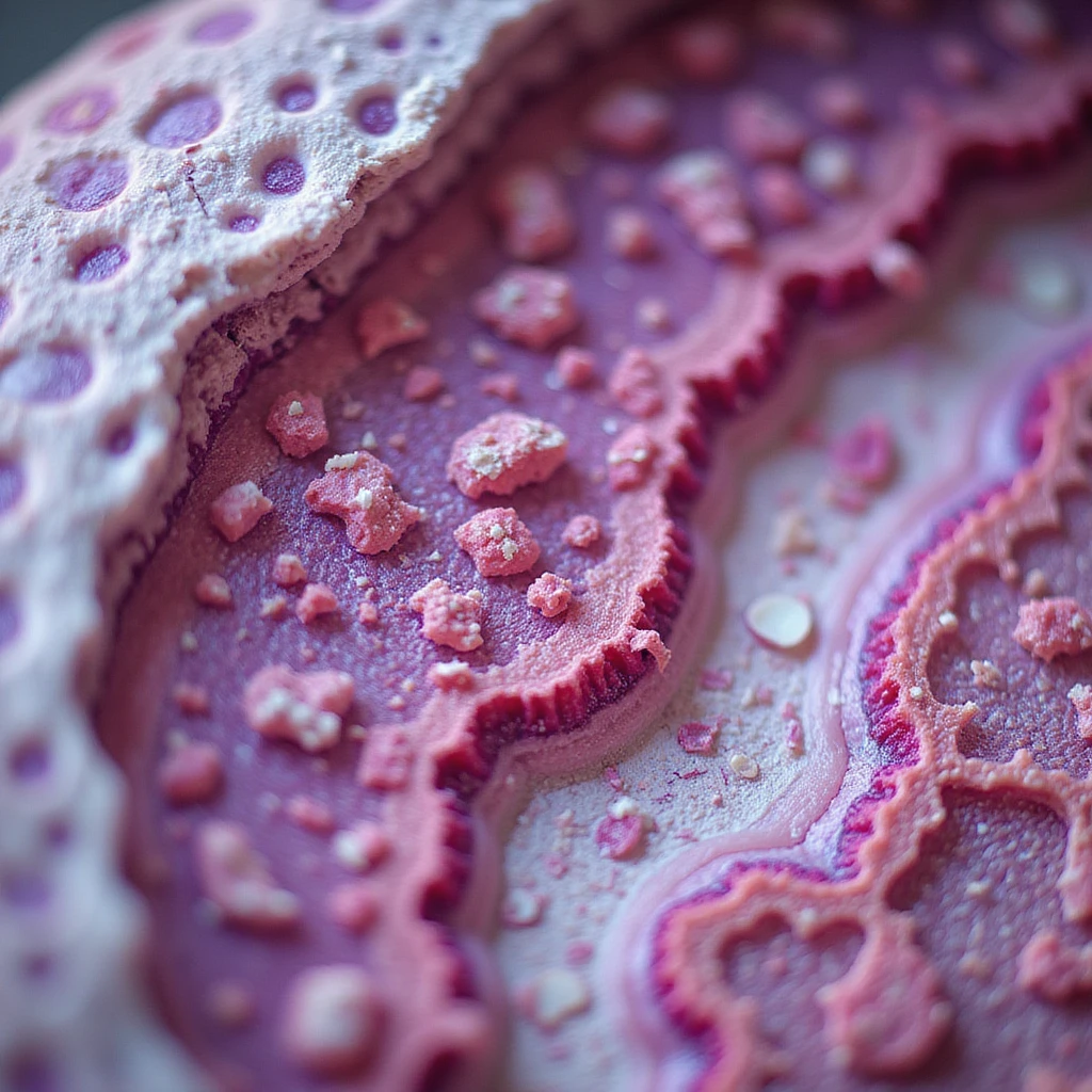 close-up of endometrial tissue under microscope, highlighted inflammatory cells, vivid colors showing inflammation, scientific style, white background emoji