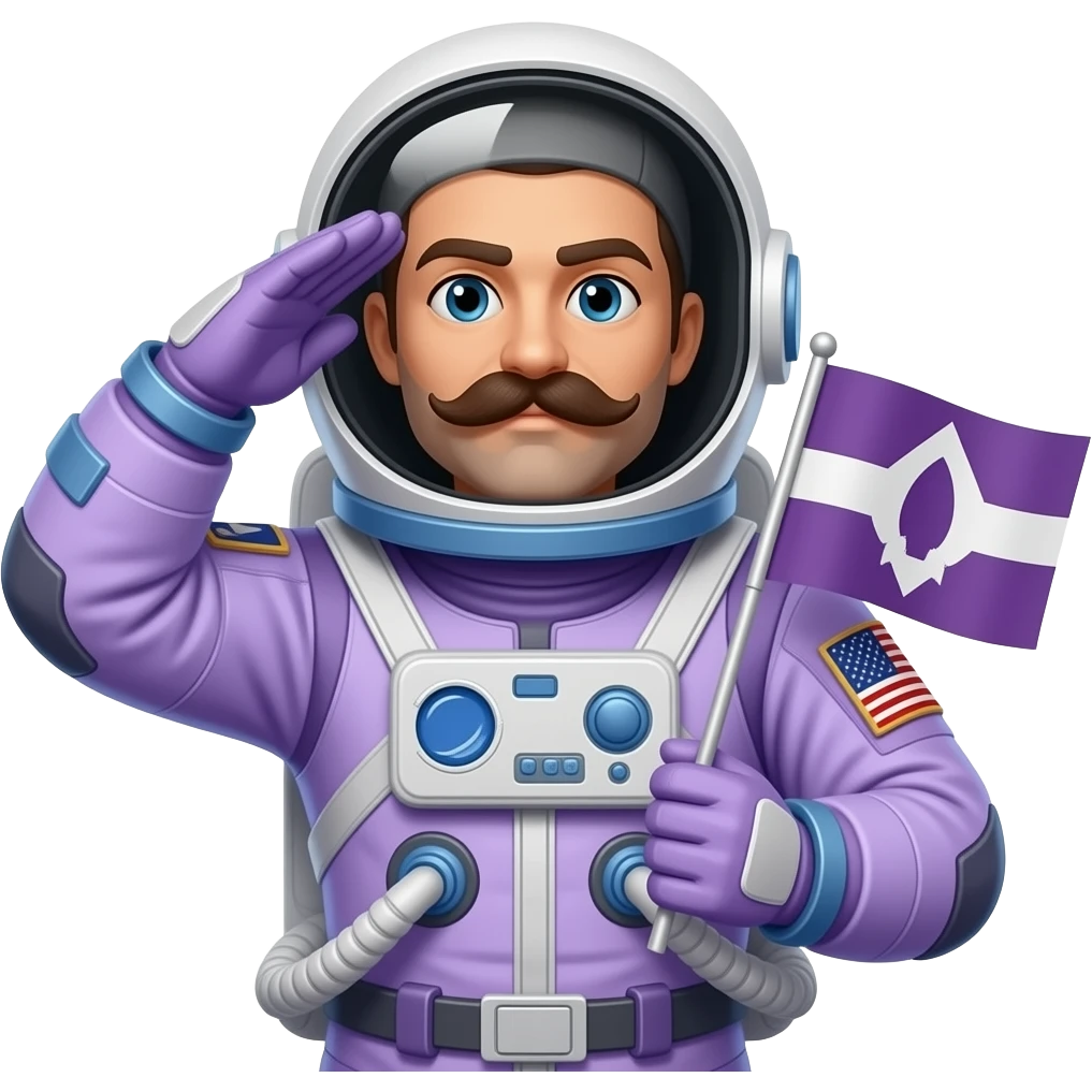 Emoji de um astronauta meio roxo dando saudação para alguém. A bandeira no braço precisa ser algo comoo simbolo da rocketseat Mas é preciso que seja um astronauta de bigode , bigodão e o traje roxo mesmo emoji