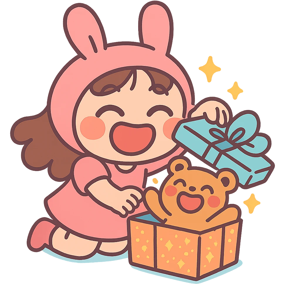 laughing chibi girl in bunny hat opening glittery gift box with laughing teddy bear inside, pastel-toon style emoji