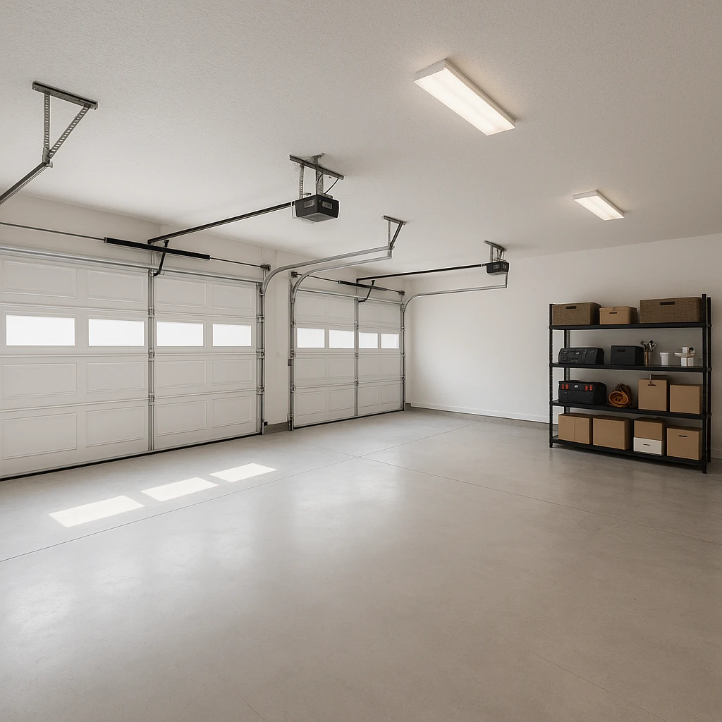 spacious garage with three entryways, clean and minimal, storage shelves emoji