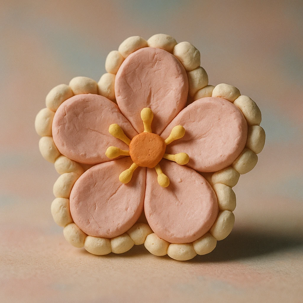 pastel sakura flower with a pearl border, claymation style emoji