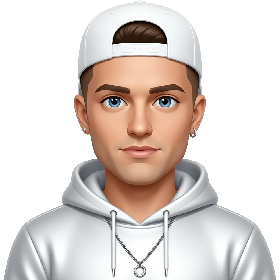 Brian Harvey from East 17 with blue eyes, brown buzz cut hair, white cap, white metallic sweatshirt, necklace and earrings emoji