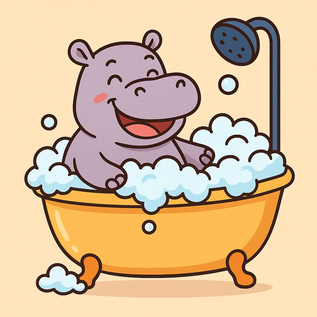 color vector art with thin outline of happy hippo with bubbles in bathtub emoji