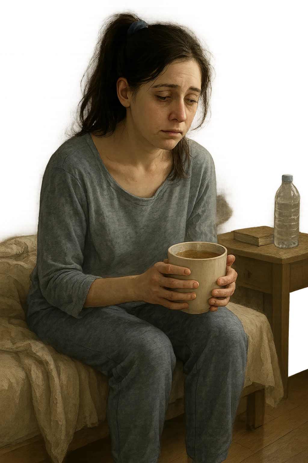 A realistic, cinematic illustration of a woman in her early 30s with a tired, pale appearance, sitting on the edge of her bed in a softly lit bedroom during the morning, looking exhausted and drained. Her posture is slightly slouched, and dark circles are visible under her eyes. She wears comfortable loungewear, holding a warm cup of herbal tea in her hands, seeking comfort. The scene includes a cozy yet slightly messy room with a blanket, a water bottle, and a book on the nightstand, emphasizing chronic fatigue. Soft natural light comes through the window, highlighting her expression of persistent tiredness despite rest, capturing the invisible struggle of chronic fatigue syndrome while maintaining dignity and a gentle aesthetic. emoji
