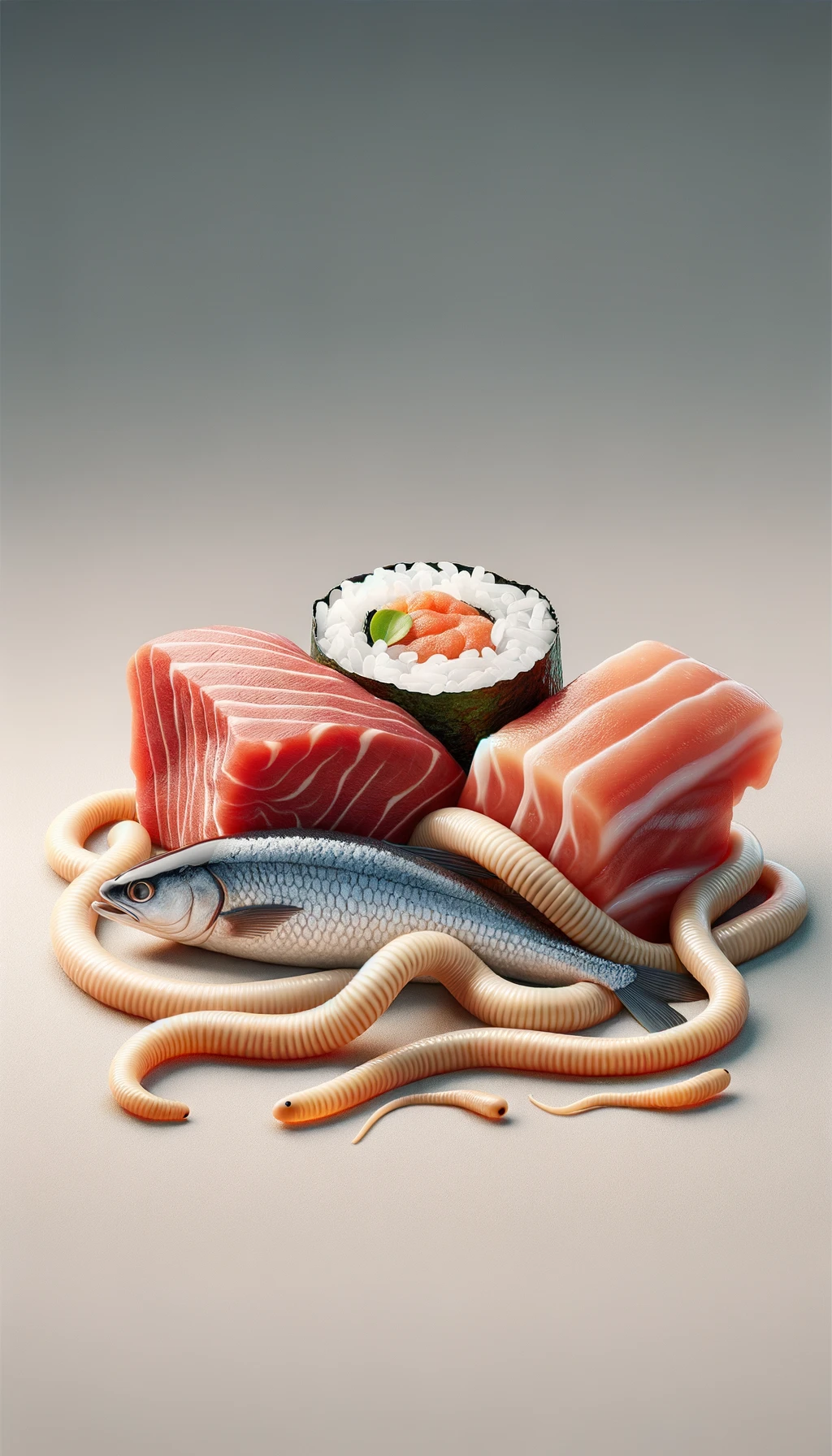 carne cruda fluttua insieme a pesce crudo (tipo sushi), intorno a loro fluttuano vermi lunghi e beige chiaro, sfondo neutro chiaro, iperrealistico 4k emoji