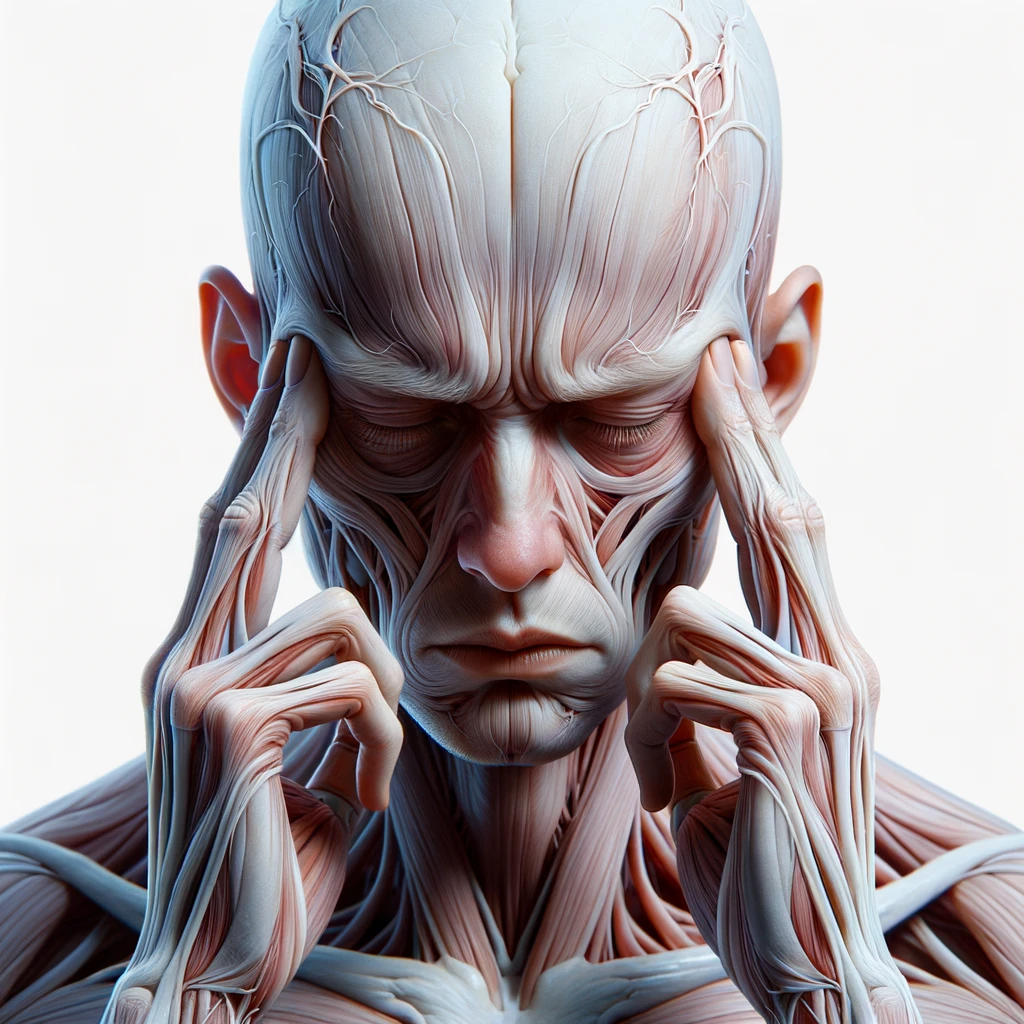 corpo umano anatomico con espressione stanca e stressata in volto, si tiene le dita sulle tempie per calmare il mal di testa, iperrealistico 4k, isolato su sfondo bianco emoji