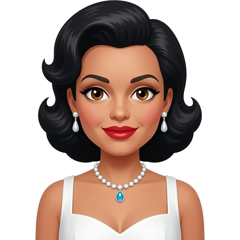 Eartha Kitt with brown eyes, black 50s pin-up hair, white hollywood dress, necklace and earrings emoji