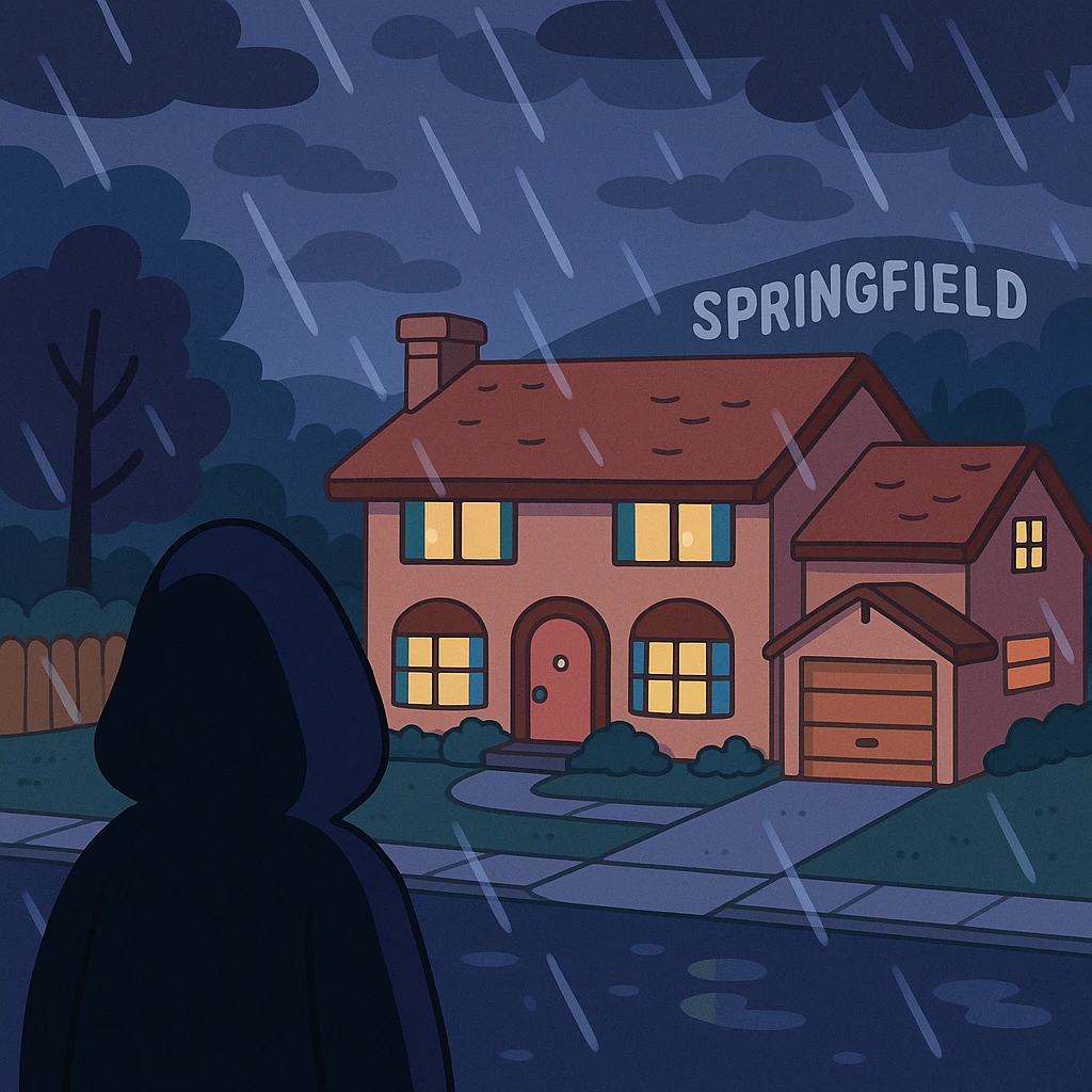 Springfield sous la pluie, la nuit. Une silhouette encapuchonnée observe la maison des Simpson. emoji