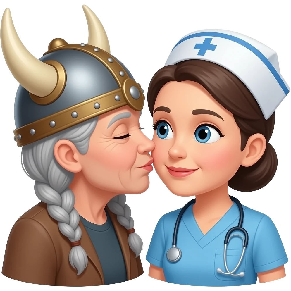 Viking helmet older woman with gray braids kissing nurse emoji