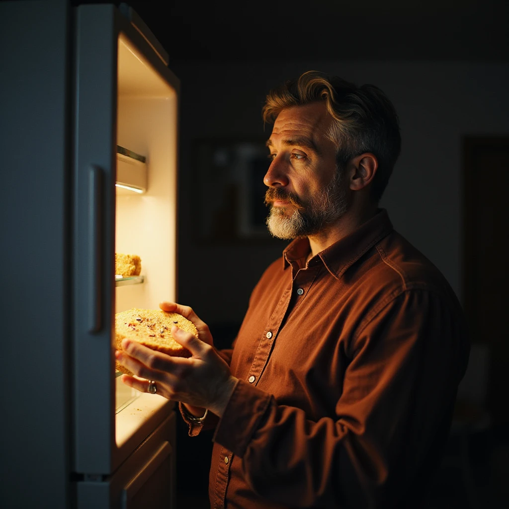 Uomo che apre il frigorifero la sera tardi e prende un dolce confezionato, luce del frigo, espressione stanca, testo in italiano: 'Spuntino notturno'. emoji