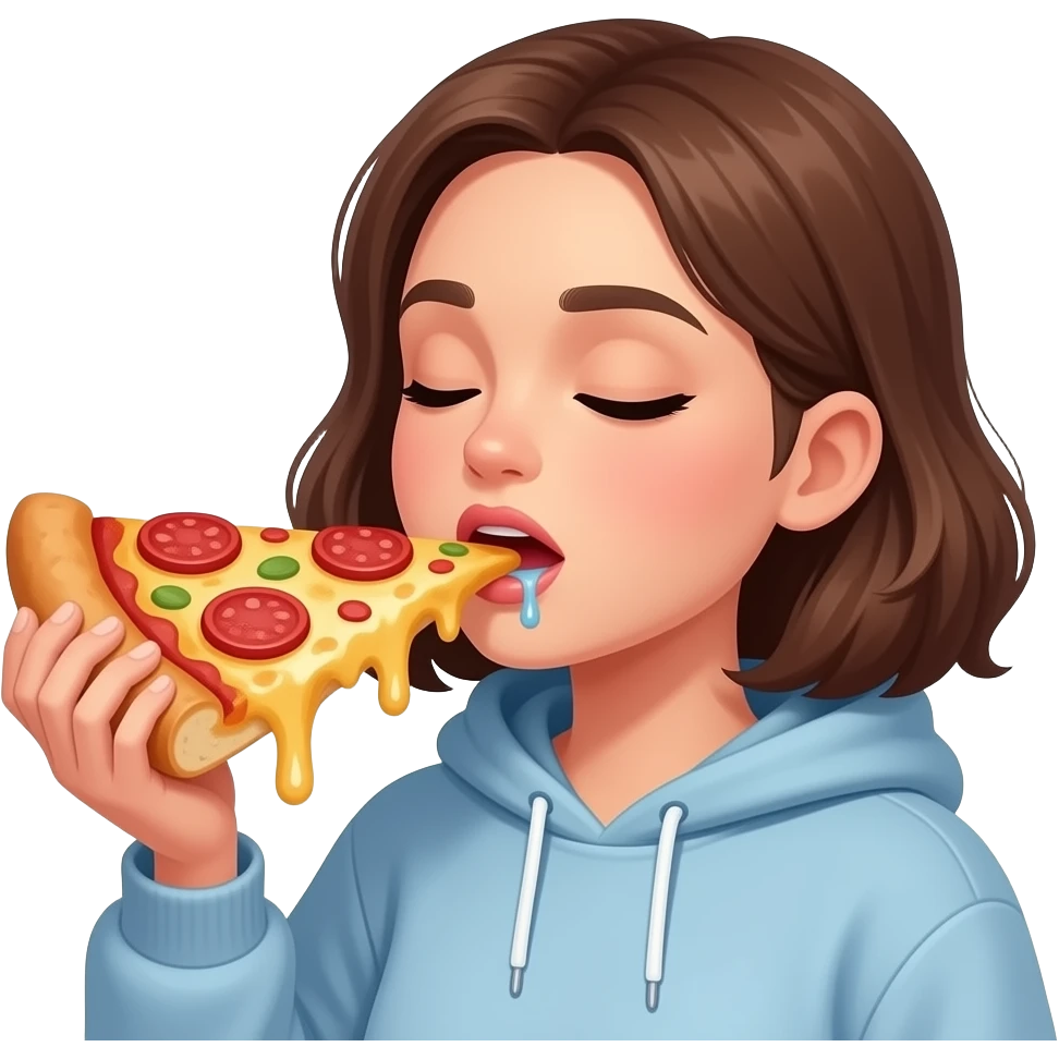 woman drooling while eating an extremely large piece of pizza that is larger than her head. her eyes are closed. she is wearing a sweatshirt emoji