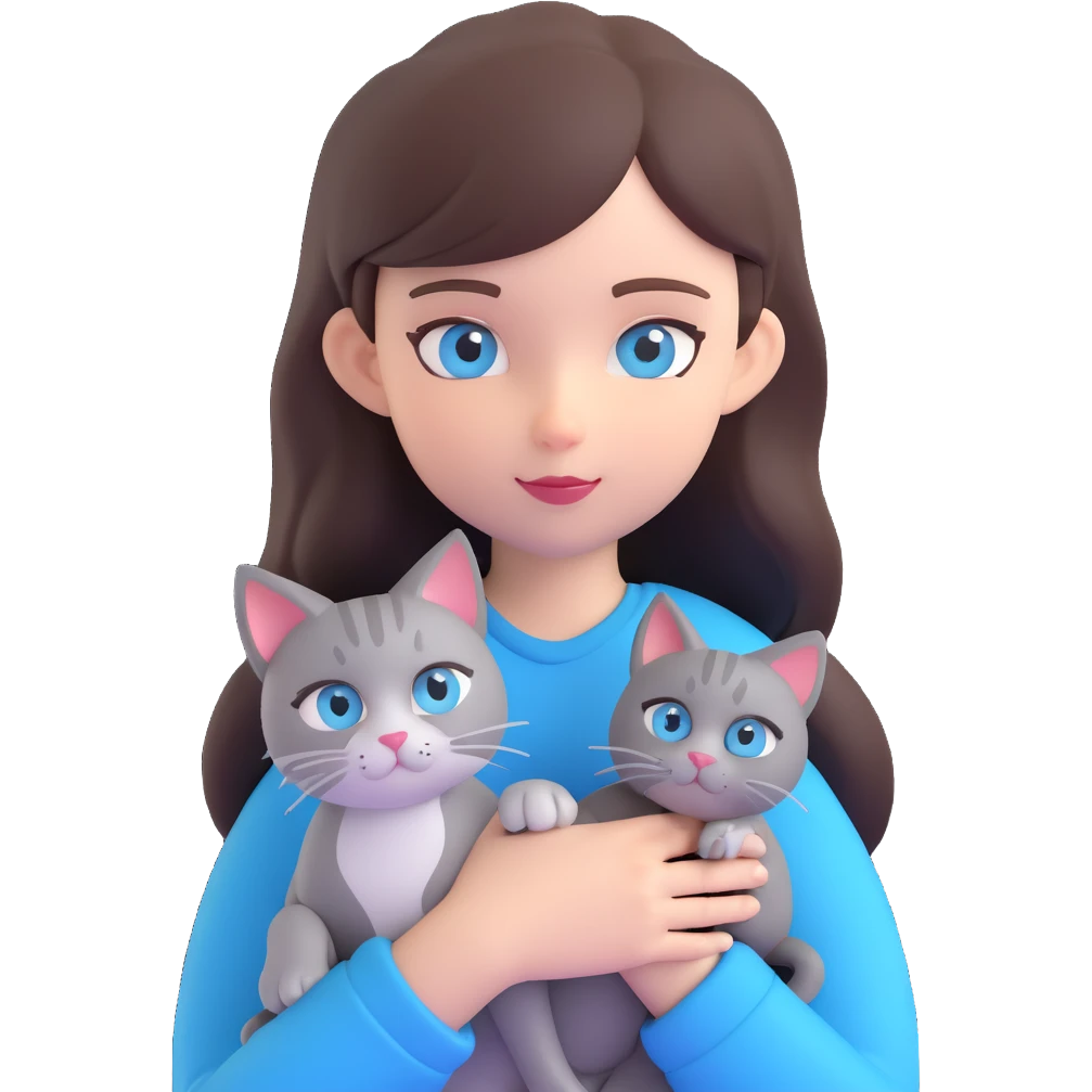 brunette girl with a gray cat with light blue eyes emoji