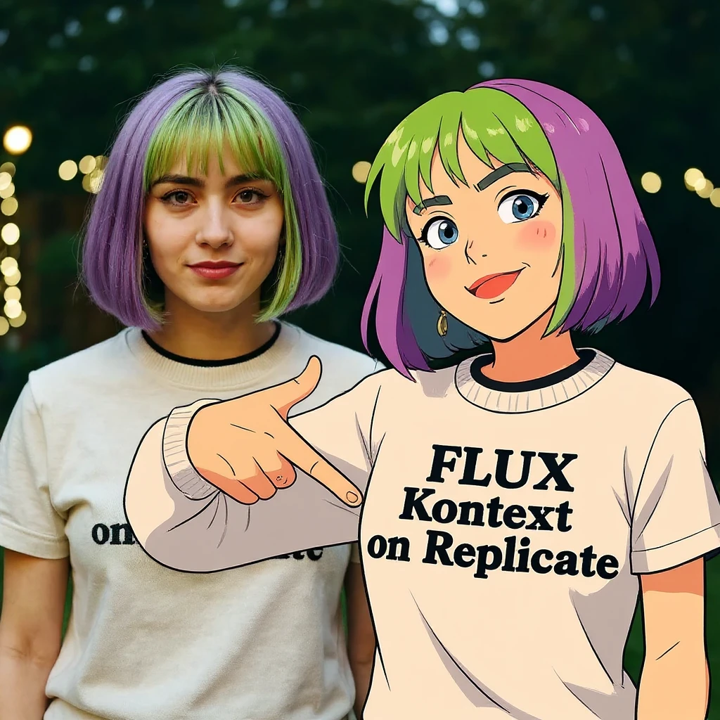 make a image of a girl with a anime version of that girl beside her wearing tshirt with text of "FLUX Kontext", avoid replicate emoji